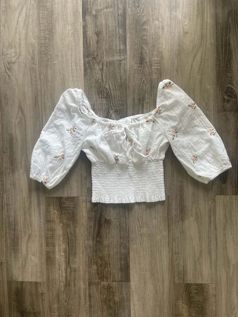 Kirious Los Angeles White Floral Embroidered Smocked Eyelet Crop Top
